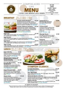 Compton Acres Cafe & Tearooms Menu